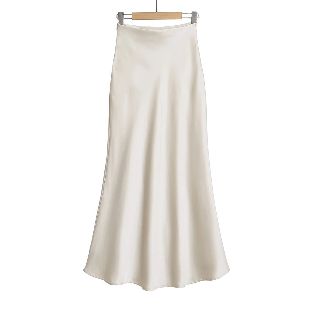 Elegant Satin Midi Slip Skirt with Side Zipper – Smooth & Flowing Fit for Versatile Styling