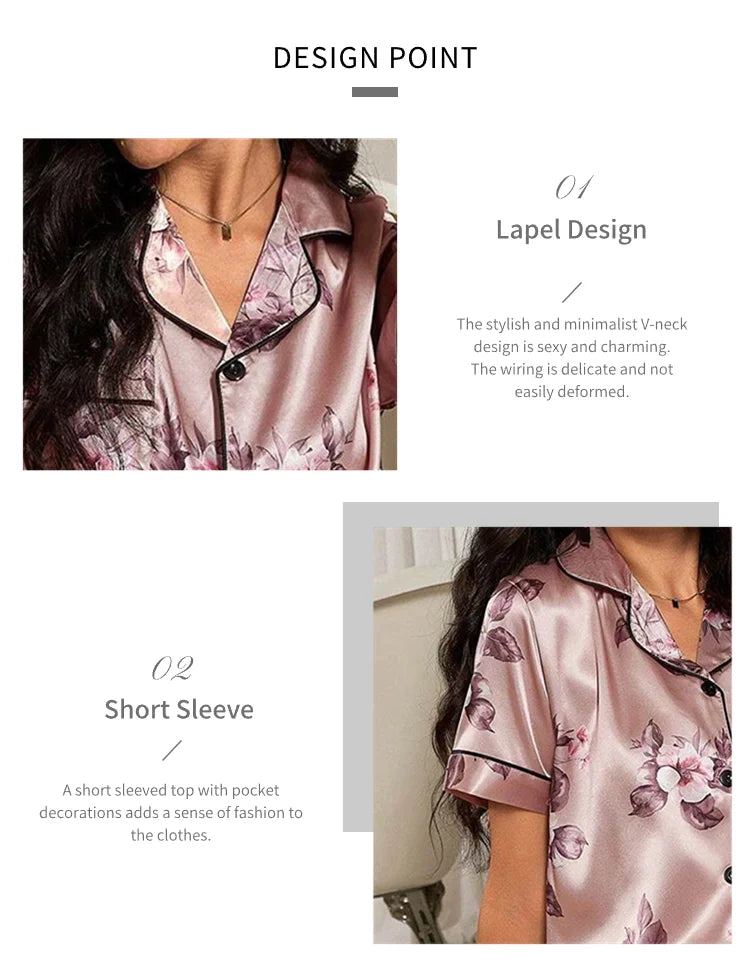 Pijama de satén elegante para mujer, conjunto de pijama con estampado floral, top de manga corta con botones y solapa, y pantalón largo para dormir o estar en casa
