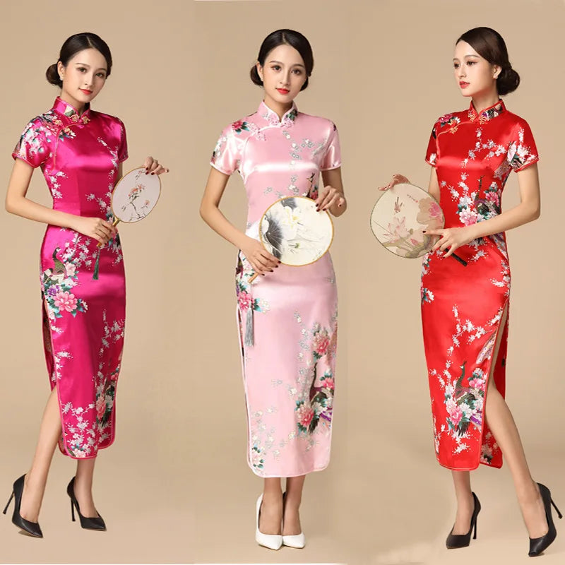 Print Satin Qipao Lady Elegant Dresses Sexy Cheongsam Chinese Tradition Style Dress Summer New Long Qipaos Plus Size 4Xl5Xl6Xl