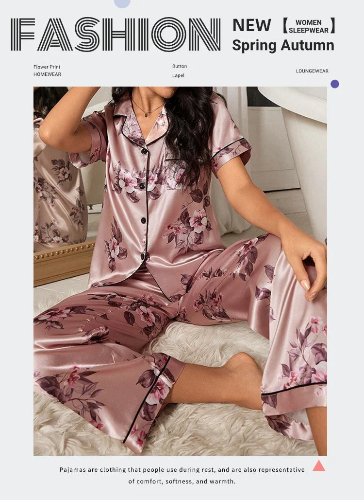 Pijama de satén elegante para mujer, conjunto de pijama con estampado floral, top de manga corta con botones y solapa, y pantalón largo para dormir o estar en casa