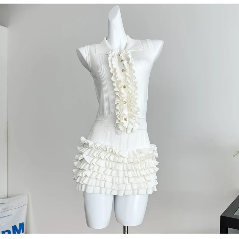 2 Two-Piece Knitted Skirt Sets Stylish Sleeveless Tank Tops and High Waist Layered Mini Skirts Black White Outfits Women Suits