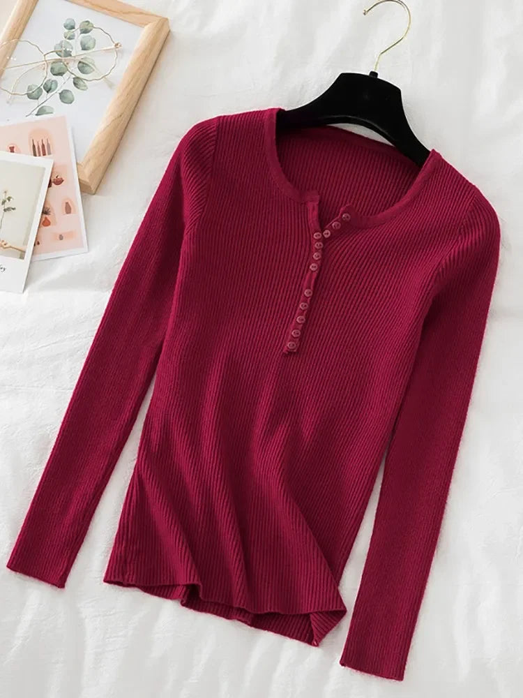 Korea Autumn Winter Button V Neck Sweater Women Basic Slim Pullover Women Sweaters And Pullovers Knit Jumper Soft Warm Tops