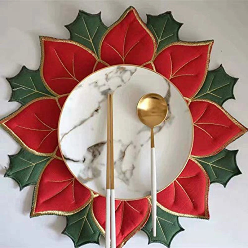 Holiday Christmas Embroidered Placemats Applique Poinsettia Placemats Christmas Flower Placemat For Table Decoration