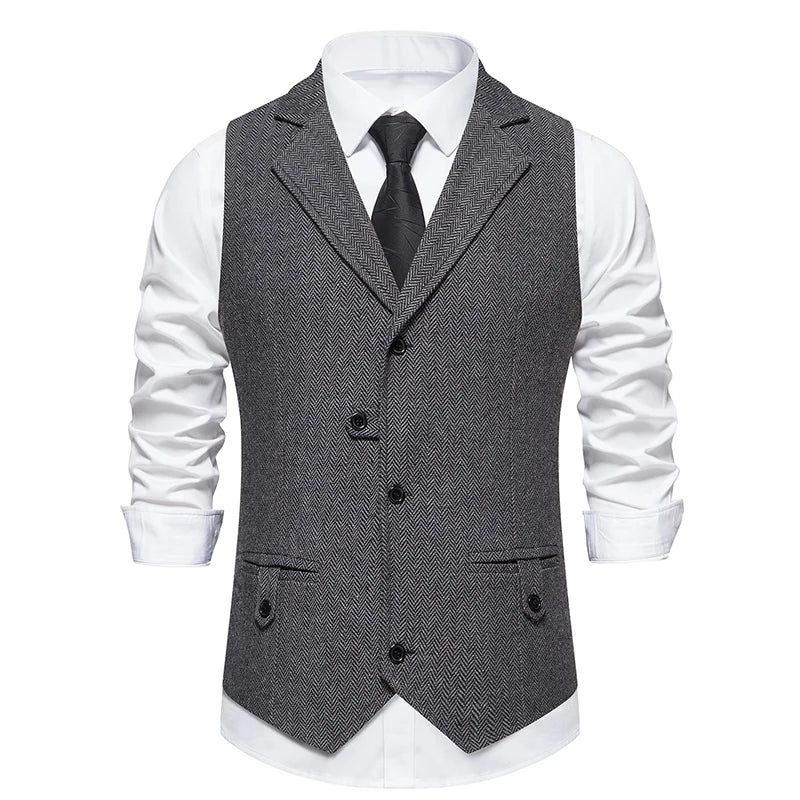 Men Suit Vest Herringbone Fabric Waistcoat Business Wedding Casual Turndown  Collar Men's Dress Blazer Vests Formal Party V07