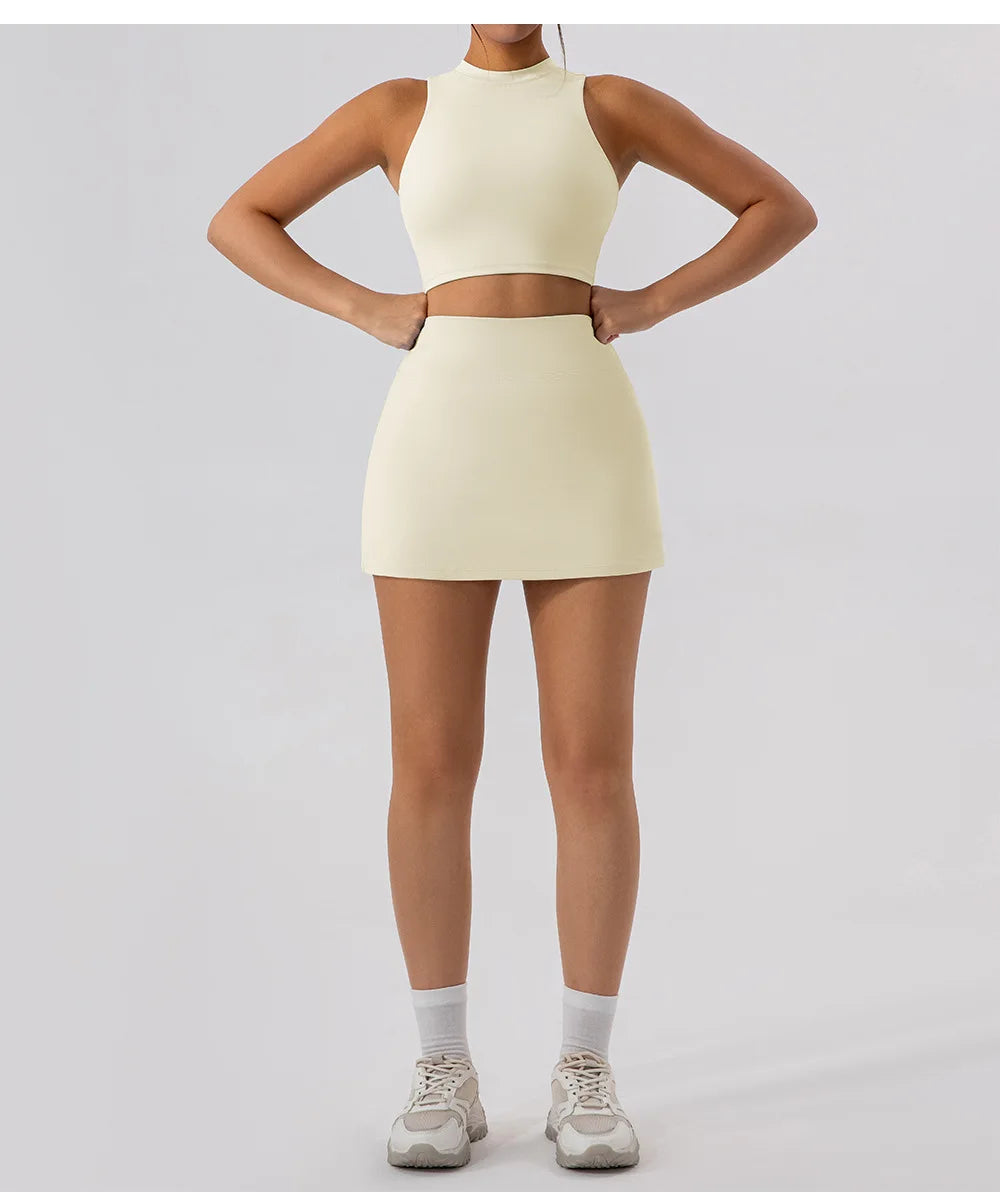 2PCS Yoga Set Sports Hip Short Skirt Women Tracksuit Gym Tennis Skirt Set Workout Sportswear Golf Dance Athletic Sport Suit