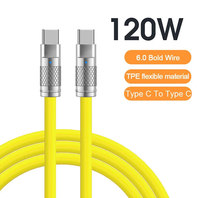 Cable de datos USB C de silicona líquida de carga súper rápida 120W 6A para iPhone 14 15 Huawei Samsung Xiaomi Cargador rápido Tipo C