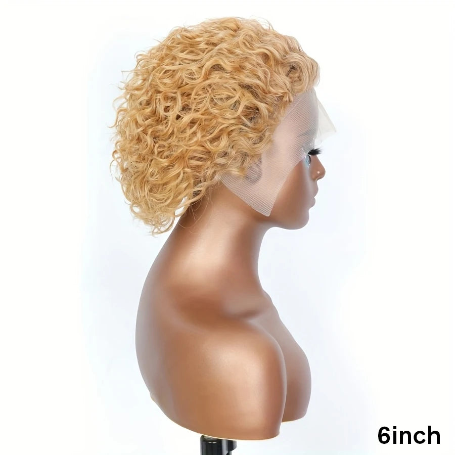 Honey Blonde #27 Short Pixie Cut Wigs 13x1 Lace Front Short Layered Pixie Wig for Daily Wear 100% Human Hair Transparent Lace