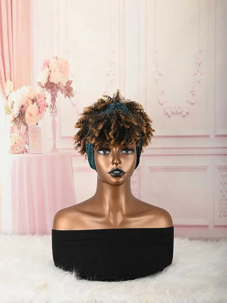 Headband Wig Curly Headband Wig With Bangs For Women Synthetic Afro Curly Hair Wig With Headband Attached Short Kinky Curly Afro High Puff With Bangs Stripes Short Red Curly Wigs with Bangs for Women, Natural Wavy Synthetic H