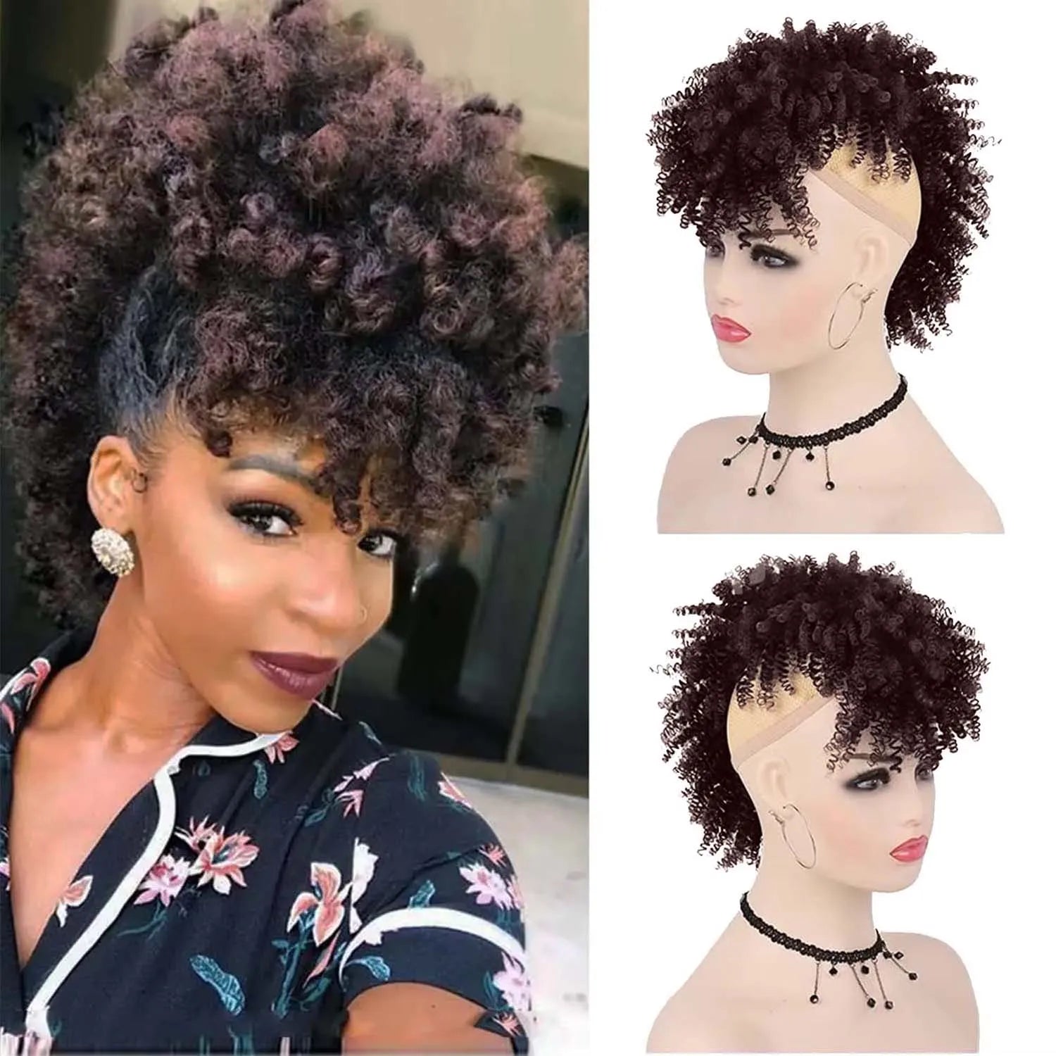 Queue de cheval synthétique Tereshar Afro High Puff avec frange courte queue de cheval bouclée crépue Chignon queue de cheval Mohawk avec frange pour les femmes noires