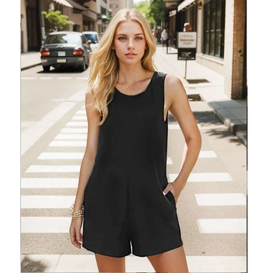 Mono corto de mujer casual de verano, holgado, con cuello redondo, sin mangas y con bolsillo lateral