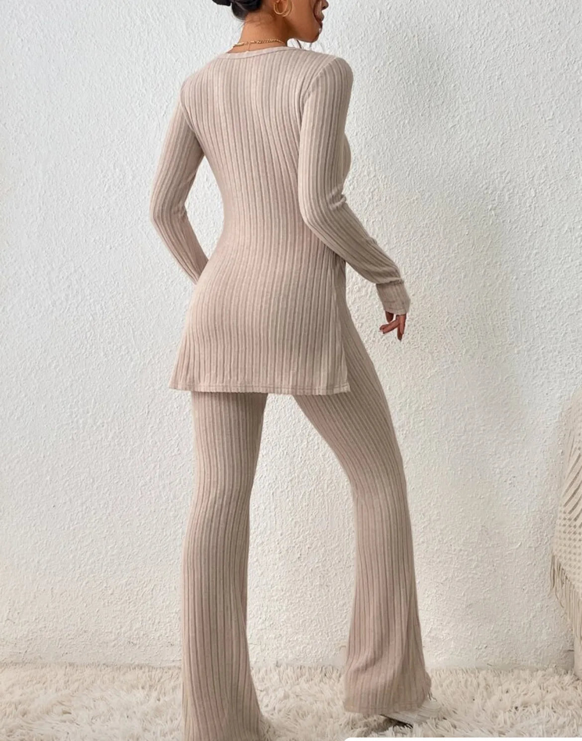 Ropa de Mujer Otoño Invierno Nuevo Estilo Color Sólido Sexy Casual Manga Larga Cuello Redondo Rajado Moda Temperamento Conjunto de Dos Piezas