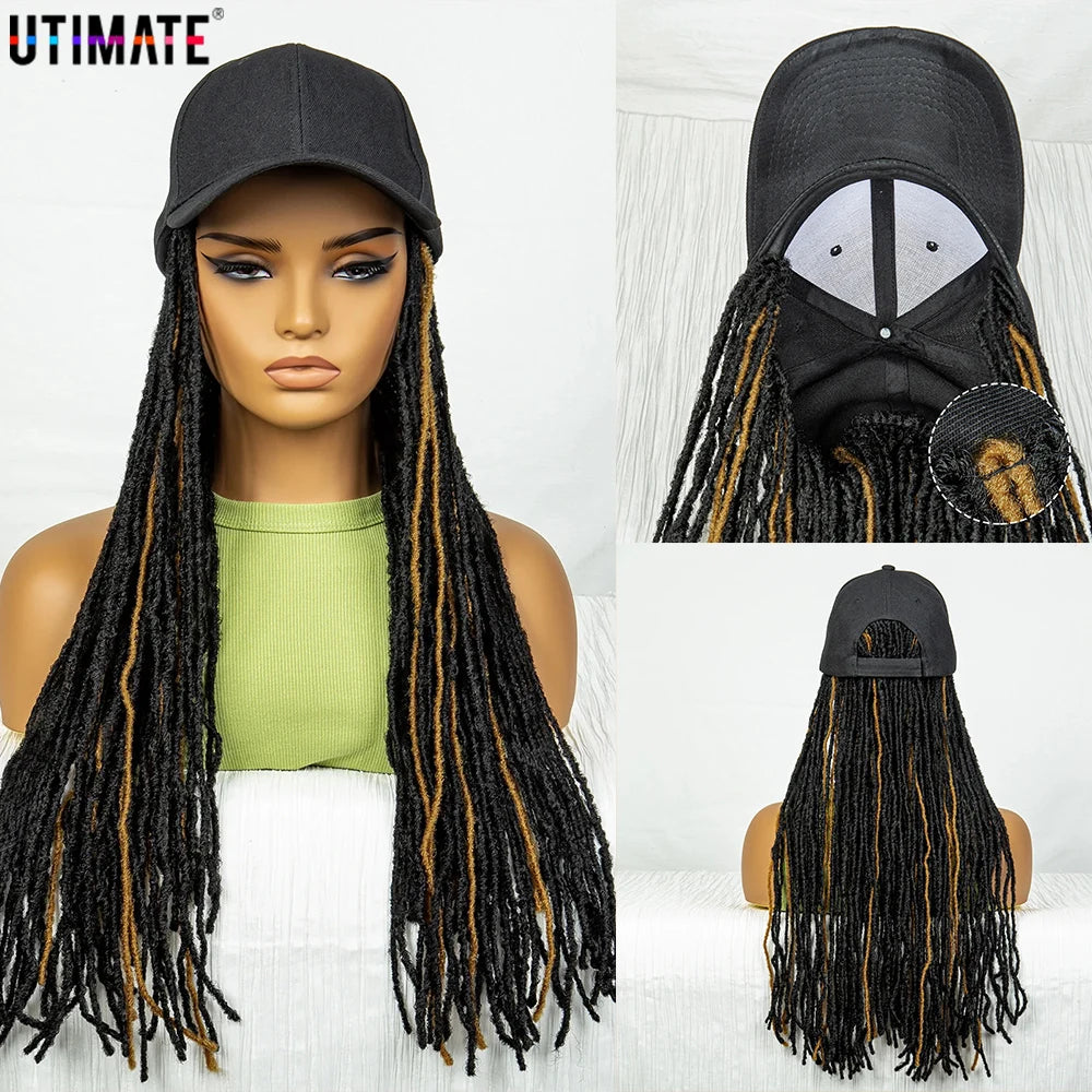 Hat Wig Baseball Cap with Hair Extensions Adjustable Hat Yellow Highlight Dreadlocks Braided Wig with 22 In Goddess Locs Crochet