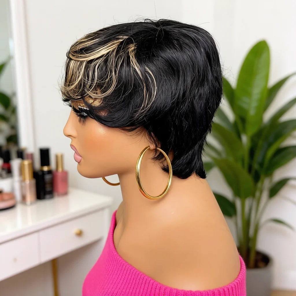 1b27 Color Body Wave Pixie Wig, Full Machine Made Human Hair Short Hair for Women, Stylish and Convenient Hairstyle Solution