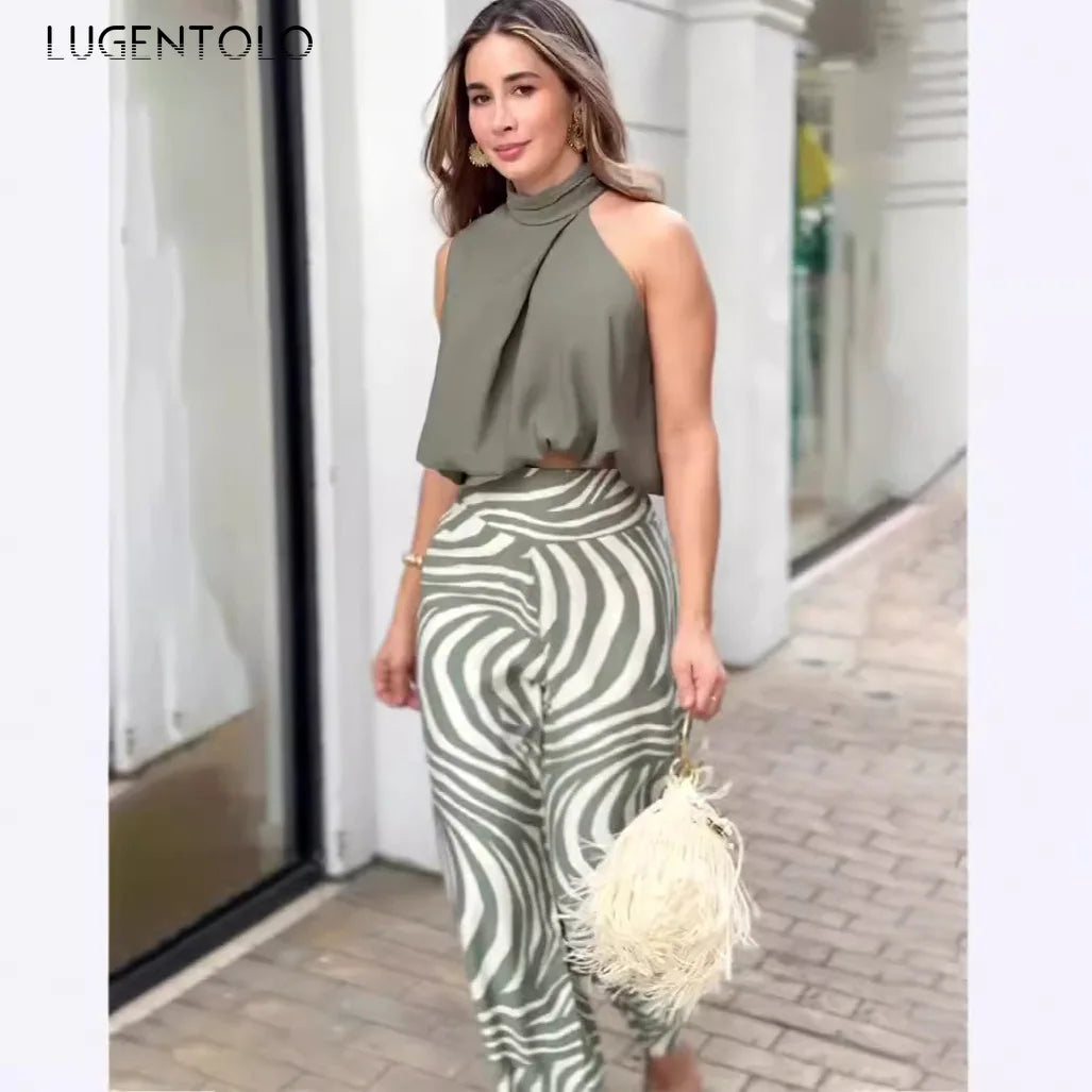 Women Fashion Halter Top Wide-leg Pants Set New Summer Sexy Sleeveless Blouse Office Lady Elegant Casual Trousers Two-piece Sets