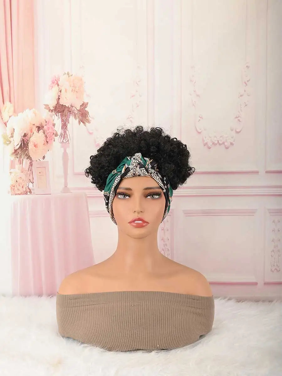 Headband Wig Curly Headband Wig With Bangs For Women Synthetic Afro Curly Hair Wig With Headband Attached Short Kinky Curly Afro High Puff With Bangs Stripes Short Red Curly Wigs with Bangs for Women, Natural Wavy Synthetic H