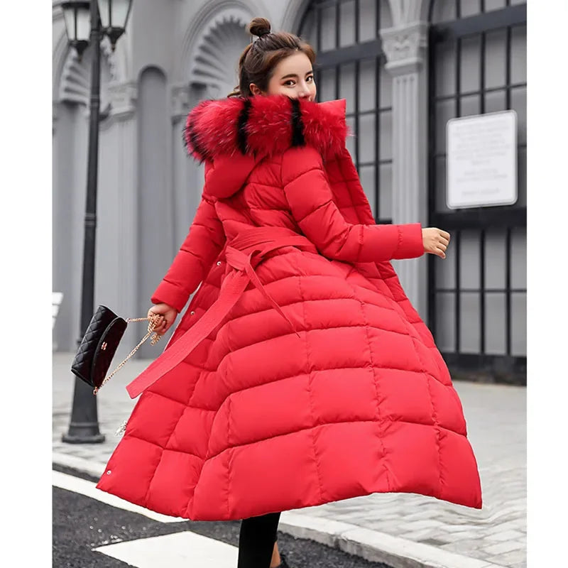 Chaqueta larga de algodón para mujer, parkas, abrigo, nueva, invierno, hasta la rodilla, suelta, con cuello grande de piel, con capucha, cálida, gruesa, parkas para mujer, abrigo acolchado