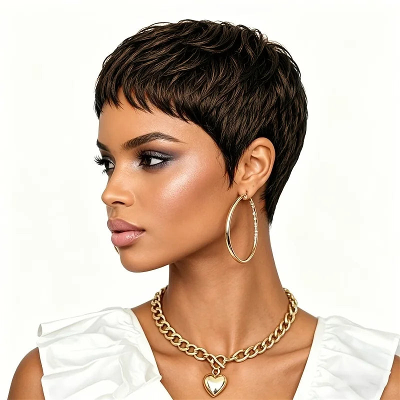 Pelucas de cabello humano con corte pixie corto, peluca de cabello natural negro, peluca hecha a máquina con cabello humano