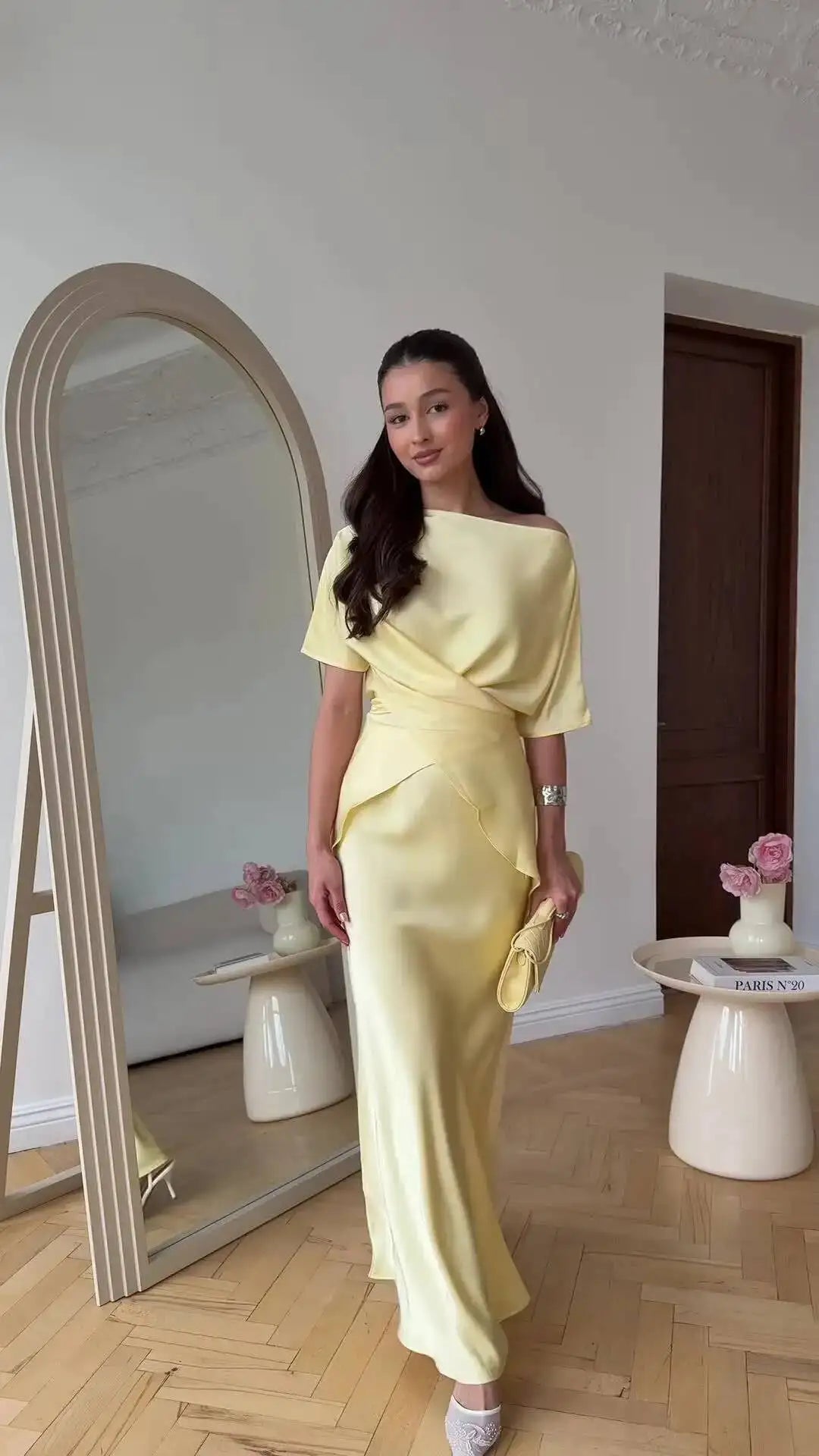 Elegant Solid Satin Tops Skirt 2 Piece Set Women's  New Stylish Lace Up Top High Waist Mermaid Skirt Office Lady Chic Outfit