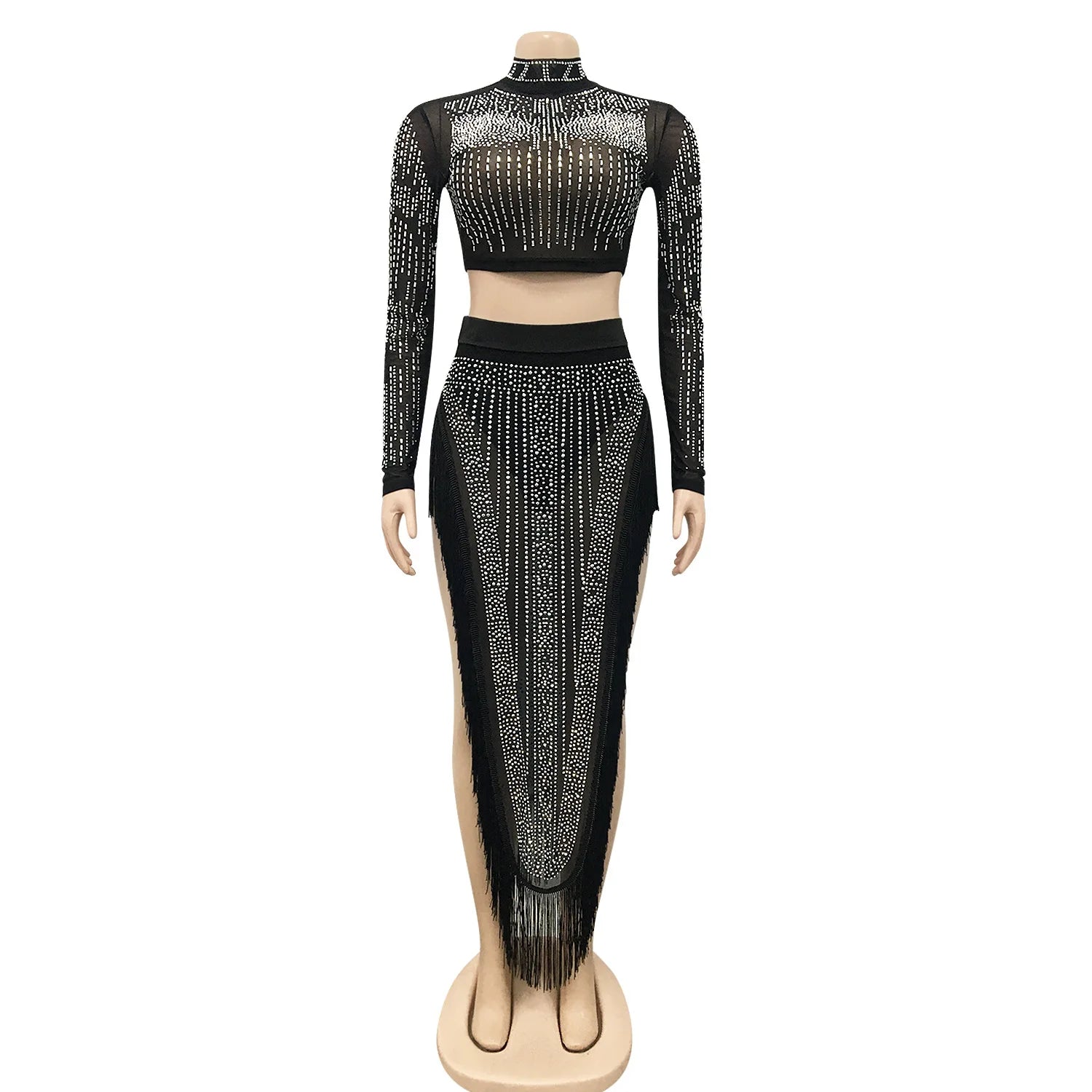Skirt Set Women Two Piece Sets Dress Sets Mock Neck Matching Set Diamond Short Tops Party High Waist Long Skirts Sexy Hot Tassel