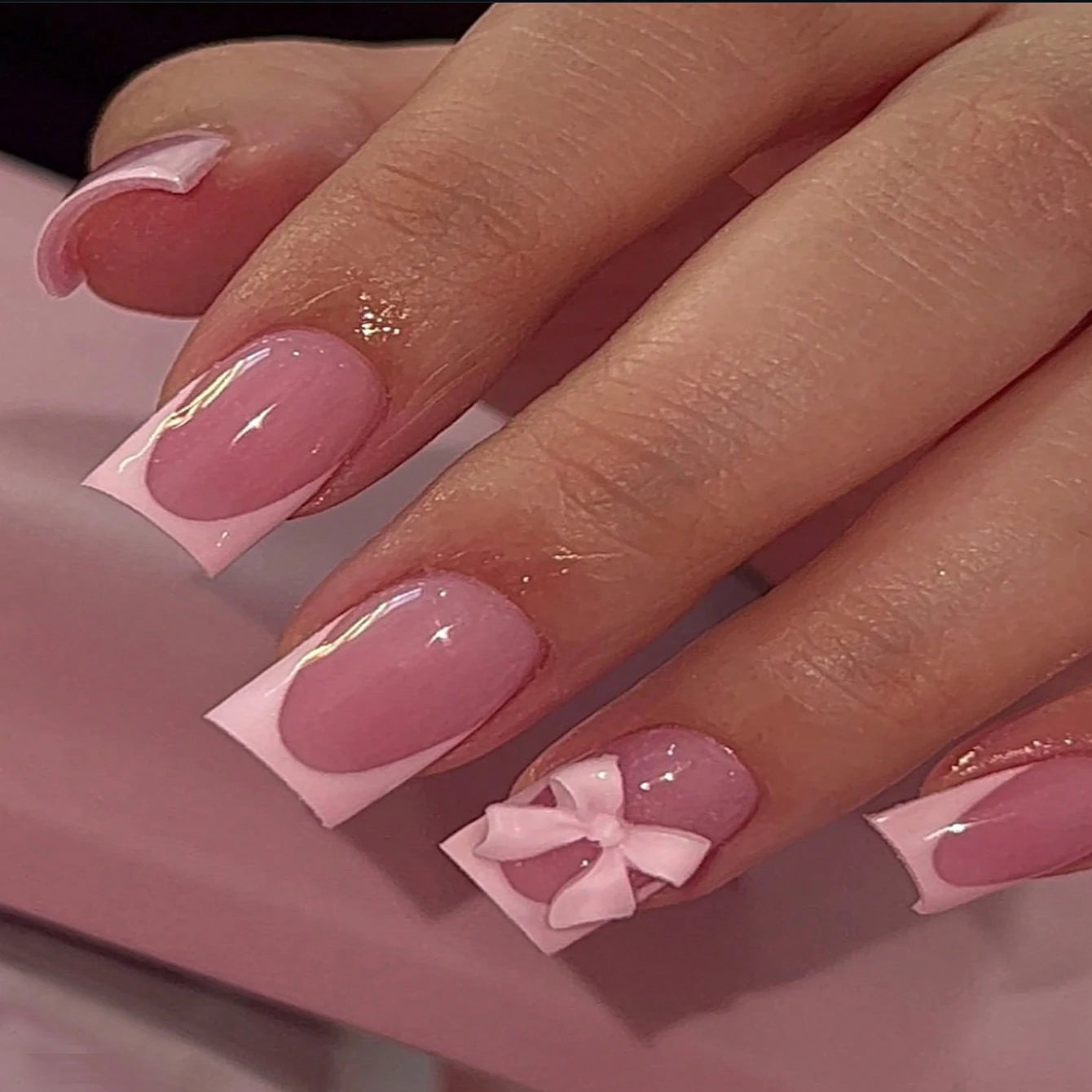 24pcs Upgrade Your Look With Pink leopard print bow full coverage false nail set 1pc Nail File & 1Nail Glue Sticker Kit Nails