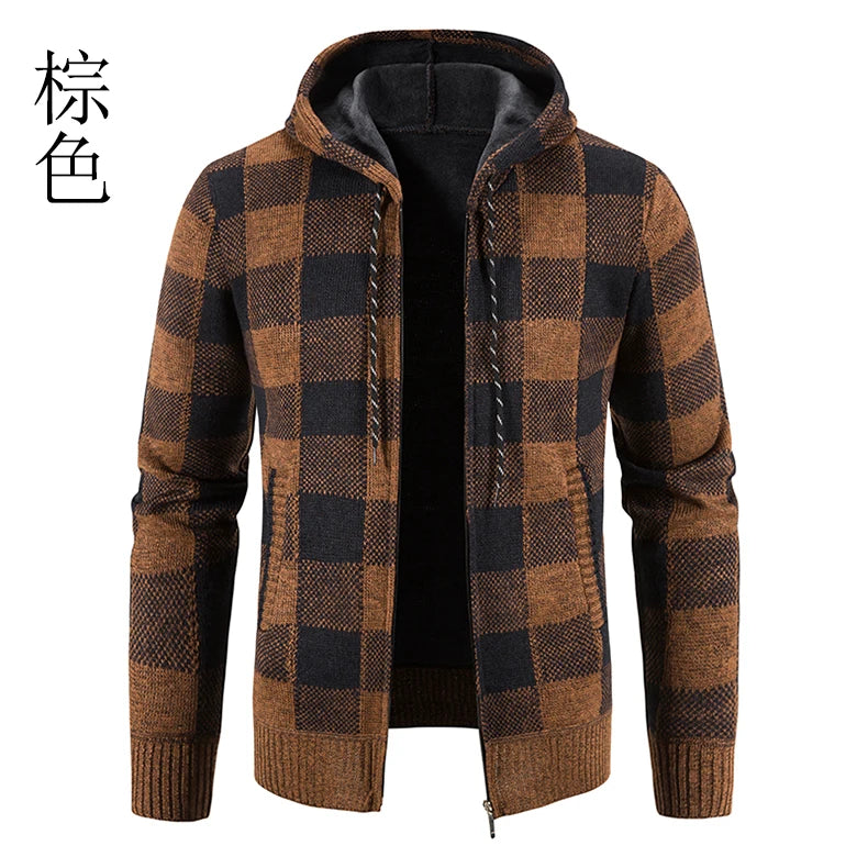 Men's New Plaid Jacket Hooded Sweater Autumn Winter Fleece Outwear Thick Warm Casual Clothing Cold Windbreaker Coat