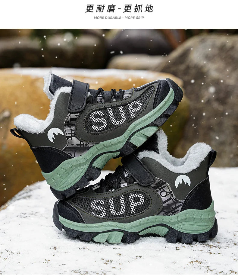 Winter Plus Velvet Hiking Shoes For Kids Non-slip Platform High Top Sports Shoes Boys Outdoor Warm Plush Children's Sneakers