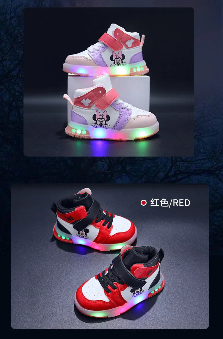 Disney Girls' Causla Shoes PU Leather Mickey Mouse LED Luminescent Children's Sneaker 1-6 Year Old Boys' Sports Casual Shoes