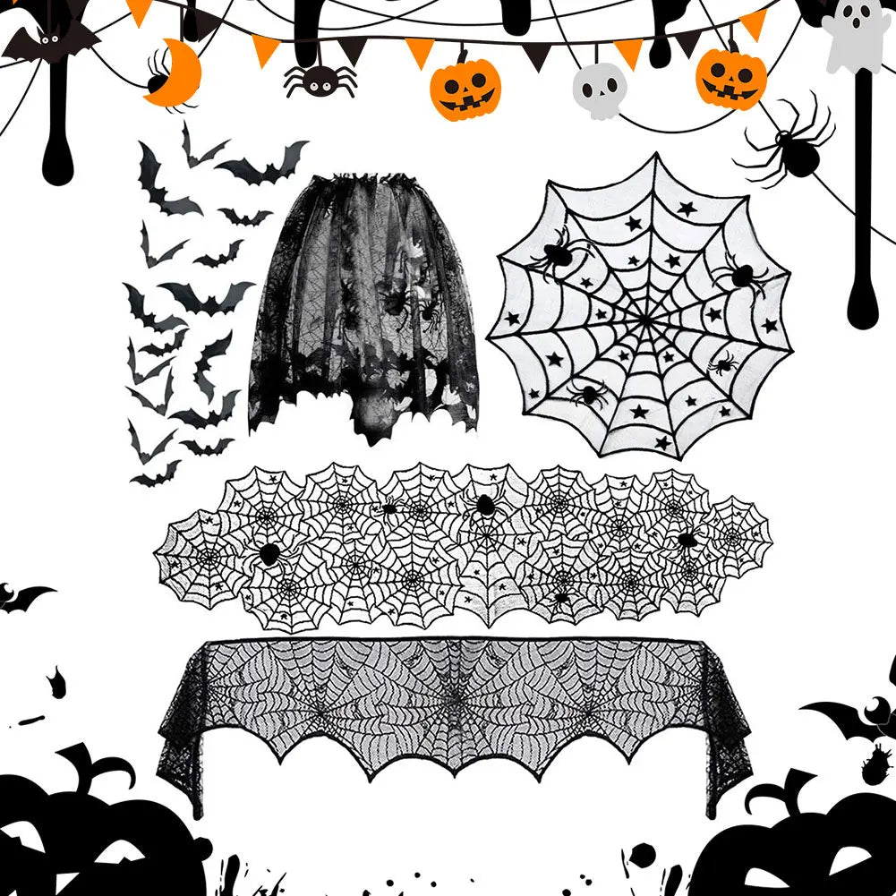 Halloween Lace Spider Web Tablecloths Black Skull Spider Web Fireplace Curtain Mantel Scarf Event Home Party Table Decorations