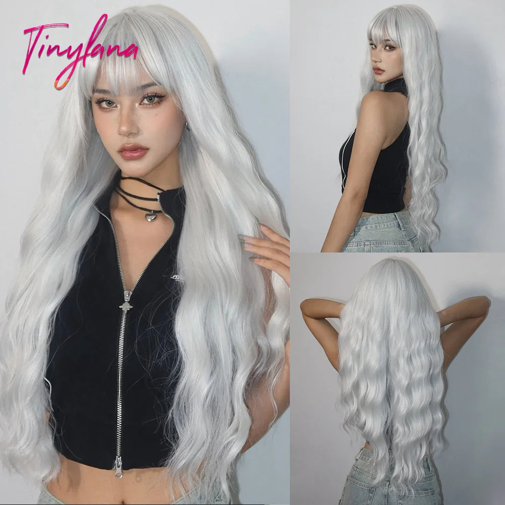 Perruques synthétiques longues et bouclées blanc platine avec frange pour femmes, perruque ondulée Afro Cosplay Lolita, cheveux naturels résistants à la chaleur, pour usage quotidien