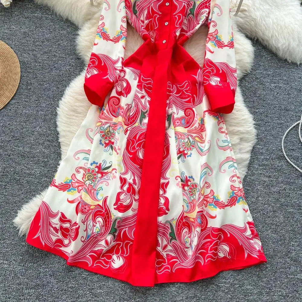 Fashion High-End Feeling Gown Dress Elegant European Court Style Long Printed Slimming New Women's Design Sensation Retro Summer
