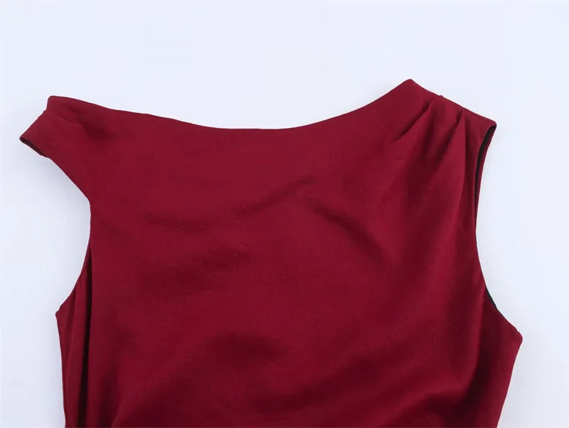 Women's New Dress Summer Red Linen Blend Pleated Midi Dress Irregular Collar Design Sexy Fashion Sense of Luxury