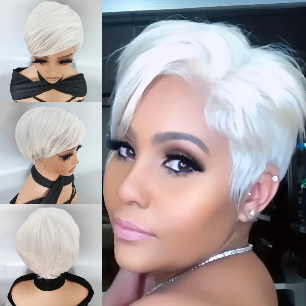 Short Pixie Cut Wigs Black Ombre White Synthetic Hair Wig with Bangs Heat Soft US