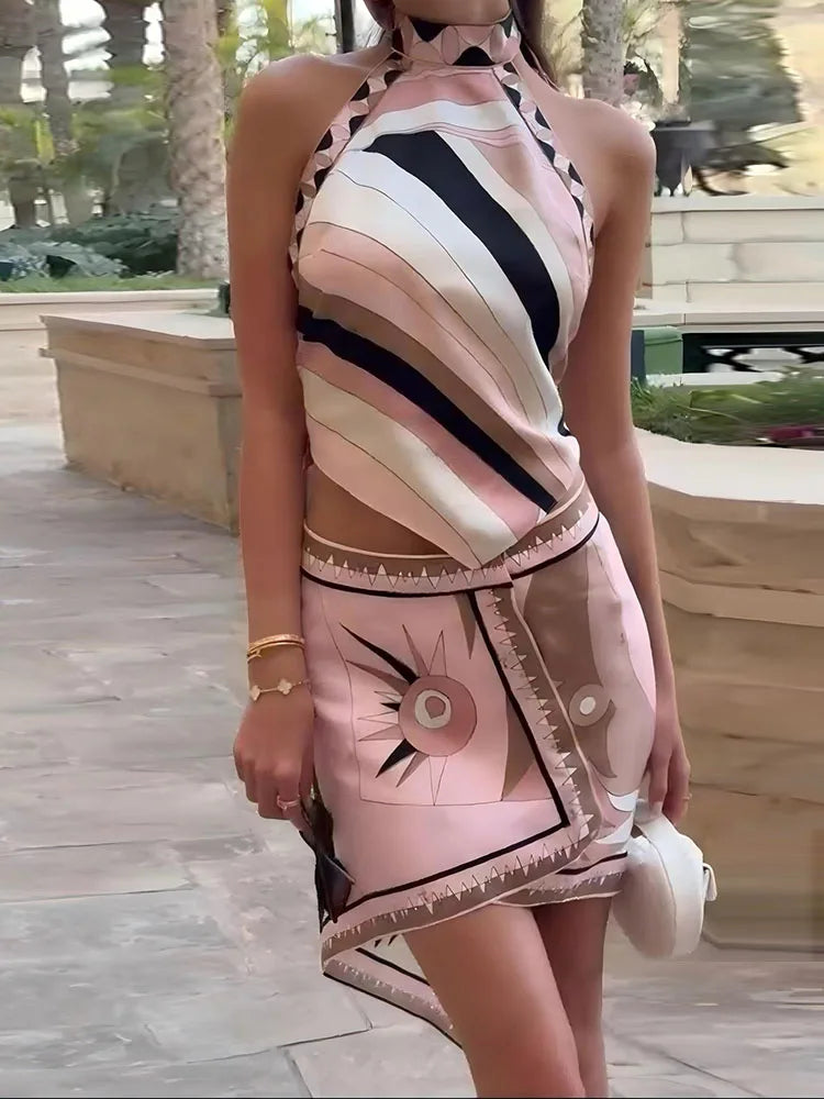 New Sexy Skirt Sets Women Summer Lacing Up Sweet 2PCS Outfits Sleeveless Short Tops Maxi Skirt Ladies Casual Suits Streetwear