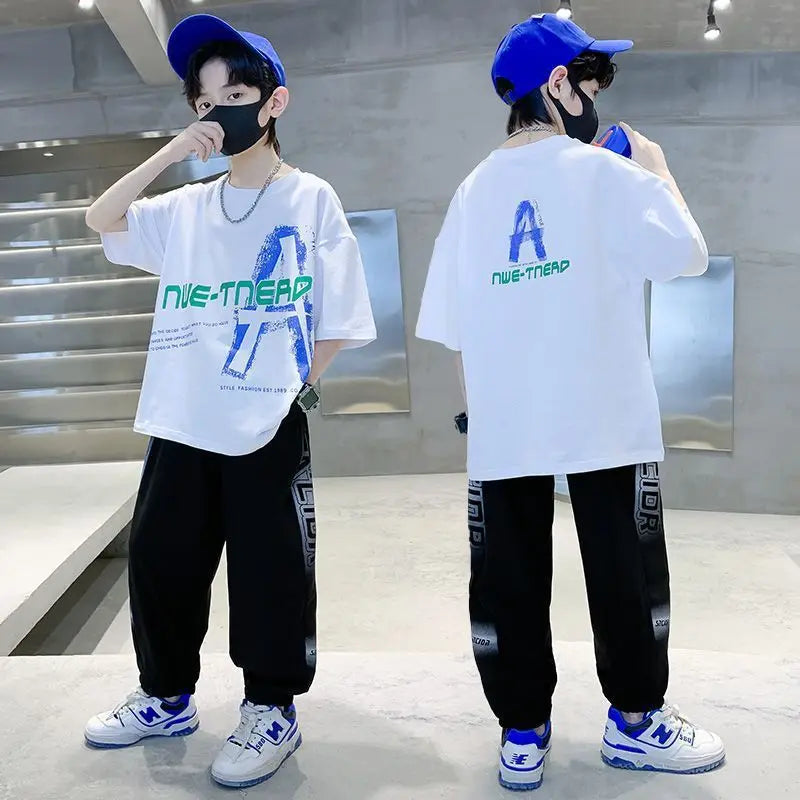 2025 summer Teenager Boys Clothes Casual Kids Tracksuit Child t shirt + Ankle-tied long pant 4 5 6 7 8 9 10 12 11 13 14 Year