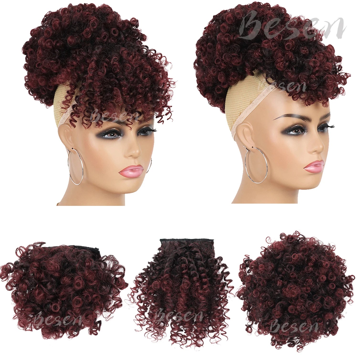 Queue de cheval afro synthétique avec cordon de serrage et frange remplaçable, chignon afro court avec 2 franges, postiche à clipser.