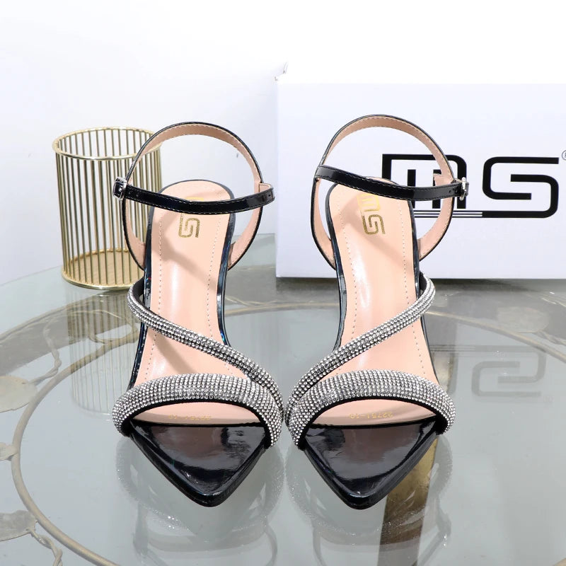 Luxury elegant green shoes  summer new high heels fashion Joker fashion fairy sandals Rhinestone buckle with women's shoes