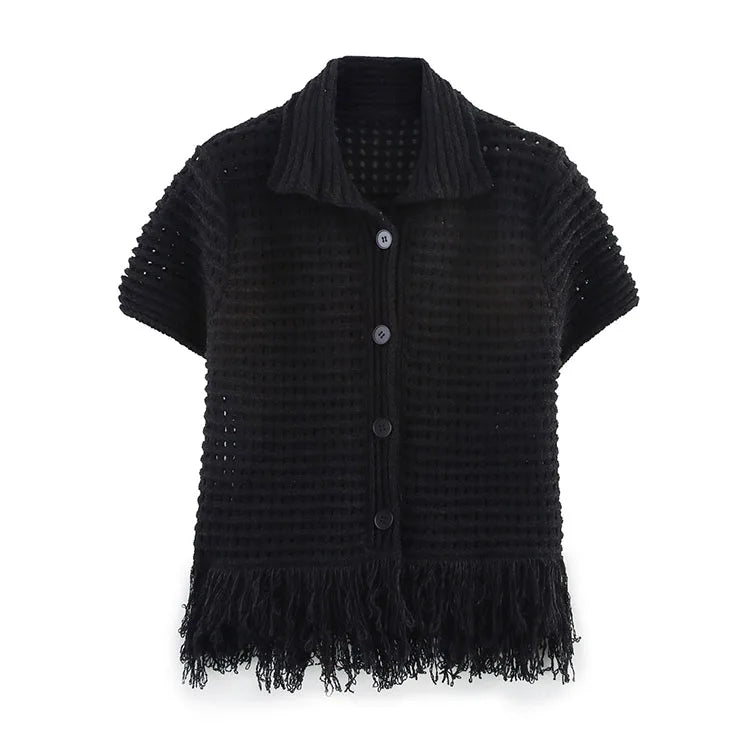 HipSeam Fringed Check Knit Skrts Sets Short Sleeved Lapel Button Tops Sexy Hip High Waist Skirts 2 Piece Set Women's Outfits