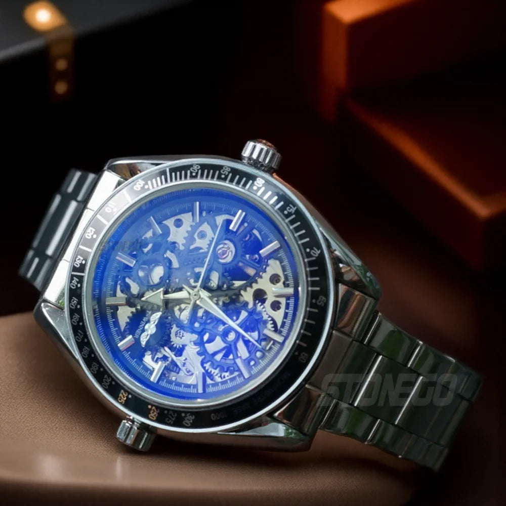 Women Automatic Mechanical Skeleton Watch Self-Winding Water Resistant Gold Plated Dress Wristwatch