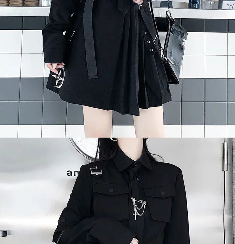 Women Two-Piece Skirt Spring Oversize 4XL Black Punk Chain Ribbon Skirts Ladies Suit Female Dress Sets Harajuku Streetwear