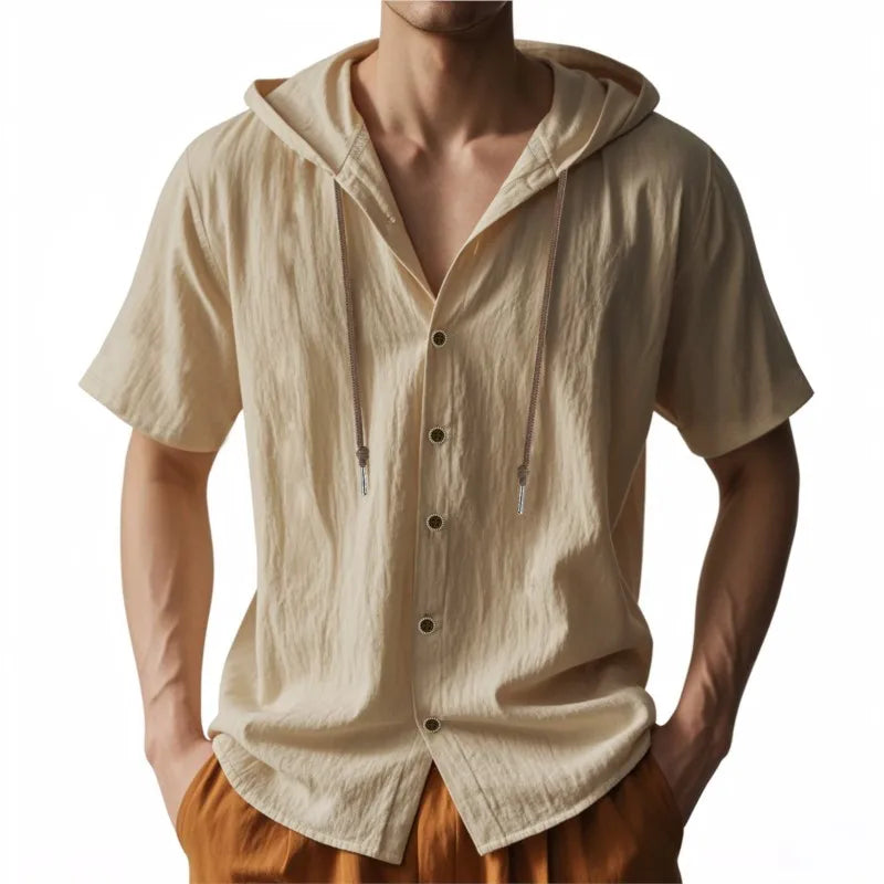 Men's Short Sleeve Shirt Cotton Linen Solid Color Shirts Men Hooded Casual Shirt Man Single Breasted Tops Men Breathable Shirt
