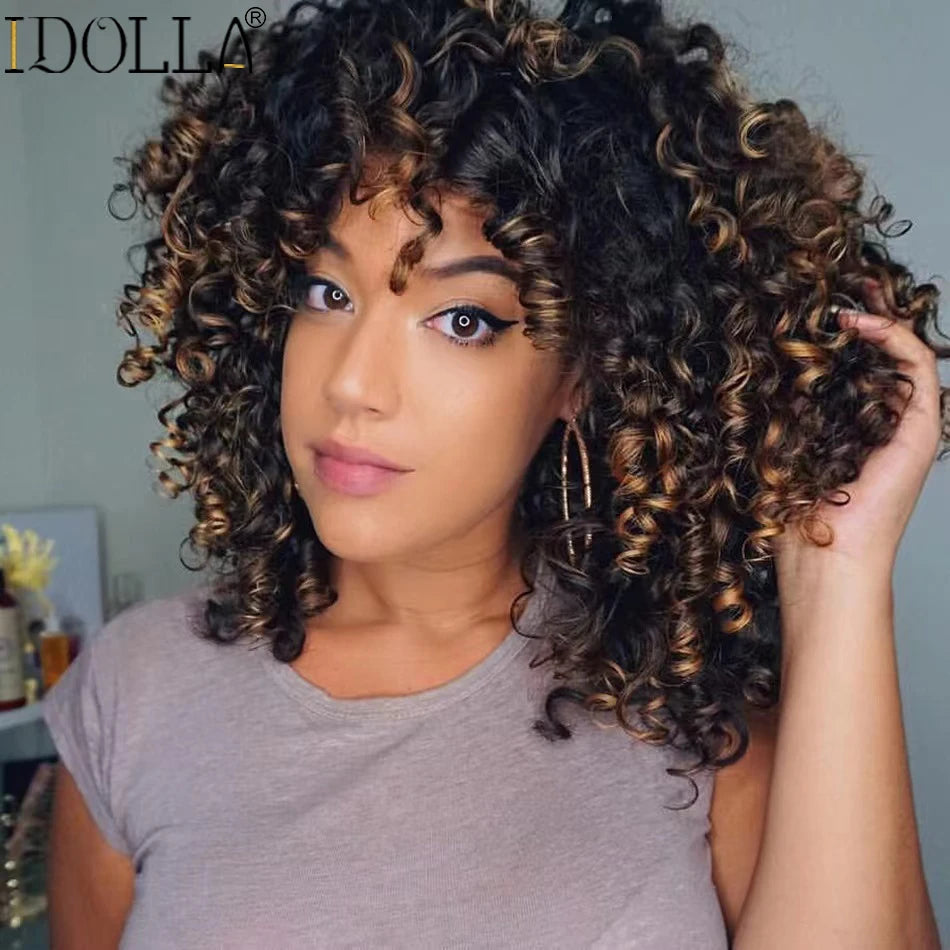 Idolla Short Curly Blonde Wig Synthetic Afro Kinky Curly Wig With Bangs For Black Women Natural Ombre Blonde Cosplay Wig