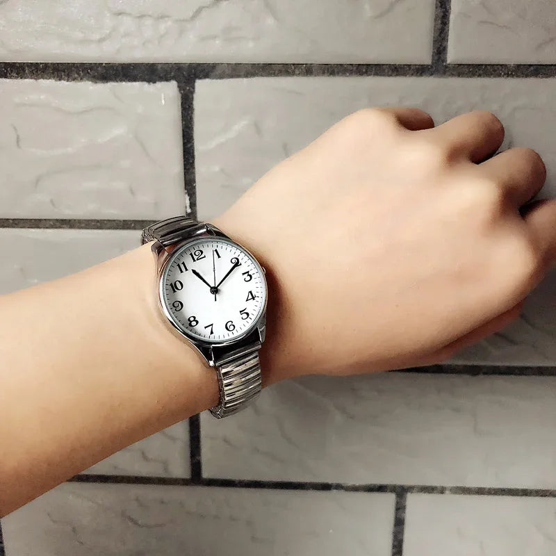Relojes de pulsera para hombre y mujer, correa de acero inoxidable, aleación, para amantes, movimiento de cuarzo, correa elástica