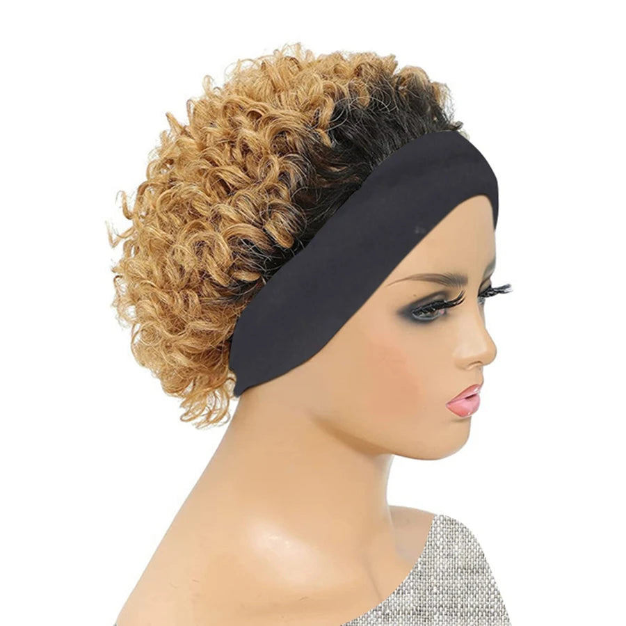 Peluca con diadema rizada de cabello humano - Rizos Kinky Bob corto, Peluca de ajuste universal con diadema para mujer, a la moda y hecha a máquina