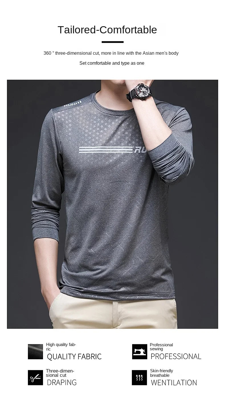 Youth Fashion Handsome Autumn Versatile Round Neck T-shirt Comfortable High Elasticity Breathable High Quality Long Sleeve Top