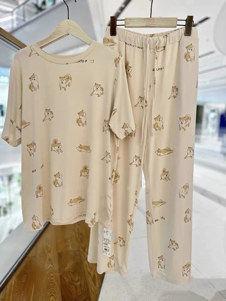Sales Pajamas Set Women Room Wear Ladies Pajamas Ladies Cotton Shiba Inu Printed Lounge Wear