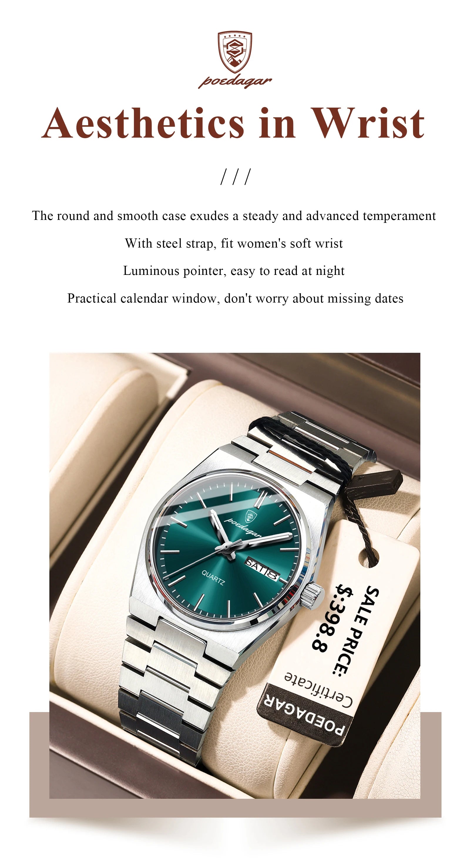 POEDAGAR Elegant Watches For Women Waterproof Luminous Date Week Ladies Watch Quartz Stainless Steel Woman's Fashion Wristwatch