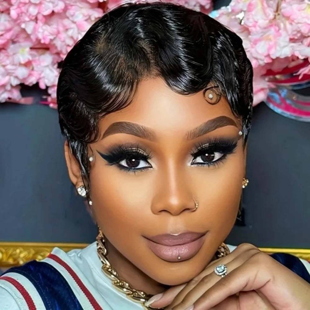 Pixie Cut Human Hair Wig Finger Waves Premium Full Machine Made 150% Density