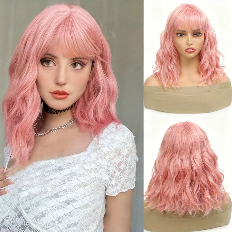 14Inch Pink Wig for Women Short Wavy Pastel Pink Wigs with Lace Shoulder Length Middle Part Curly Wavy  Wig