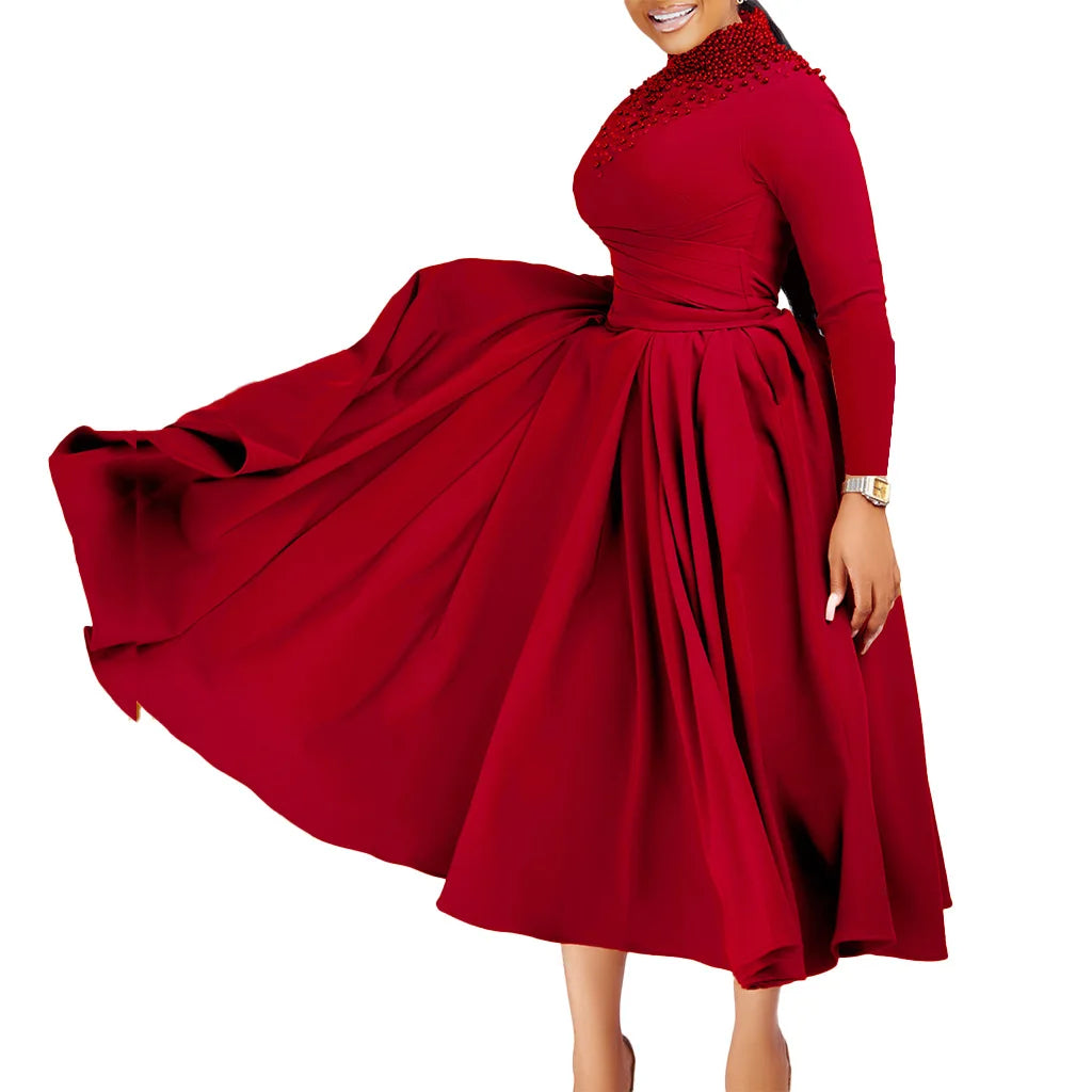 Vestido Elegante Africano para Mujer, Vestidos de Noche con Cuello Alto y Cuentas a la Moda, Vestido Delgado de Temperamento para Mujer, Vestidos Casuales de Manga Larga