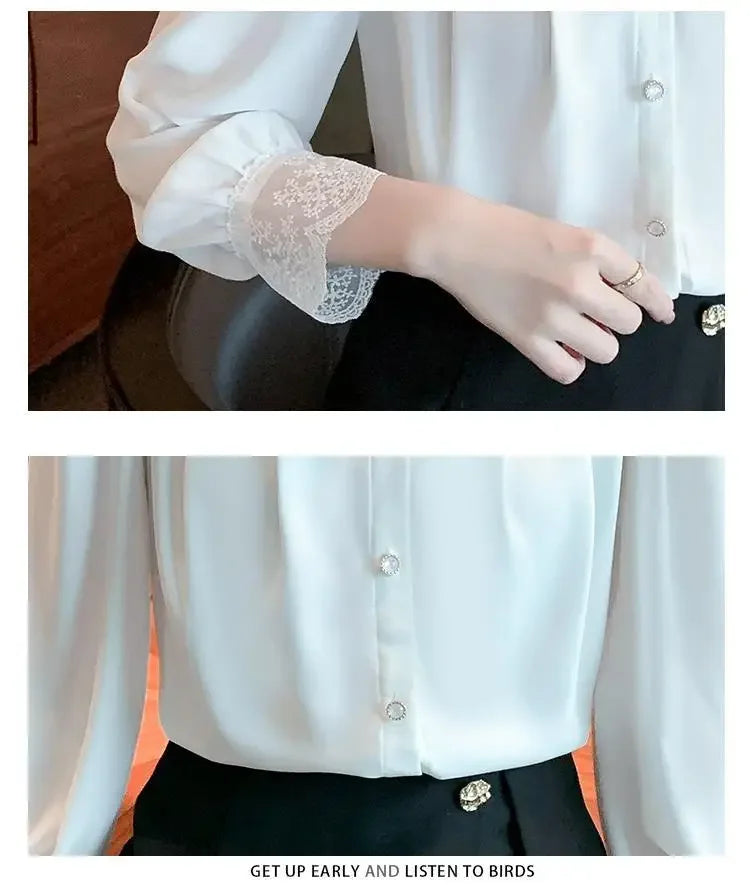 Women's Clothing White Chiffon Blouse Spring New V-Neck Lace Detail High-End Unique Design Feminine Layering Top